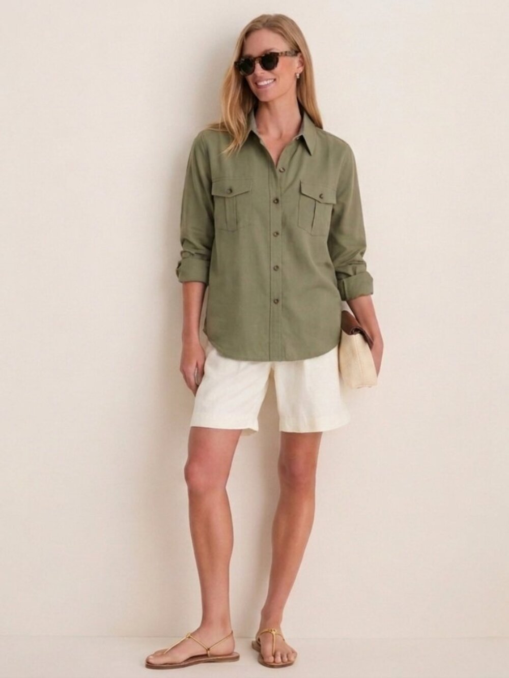 Tuckernuck Button Down Utility Shirt Medium Linen Blend Green Long Sleeve Top